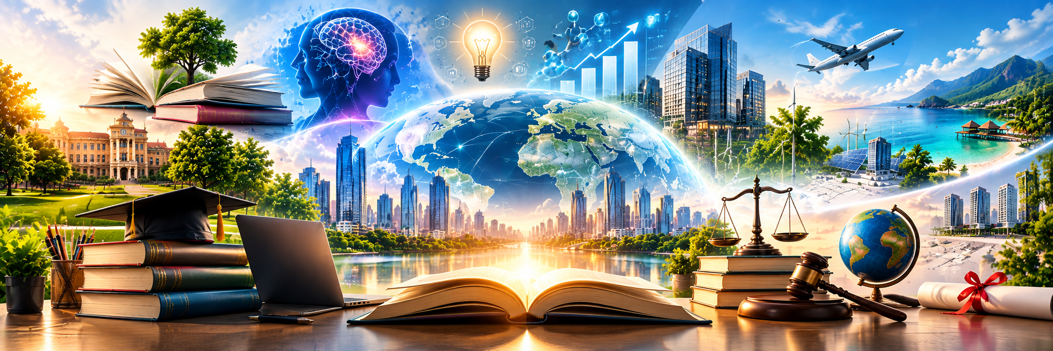 Conceptual banner representing a person with multidisciplinary knowledge across technology, business, law, psychology and marketing